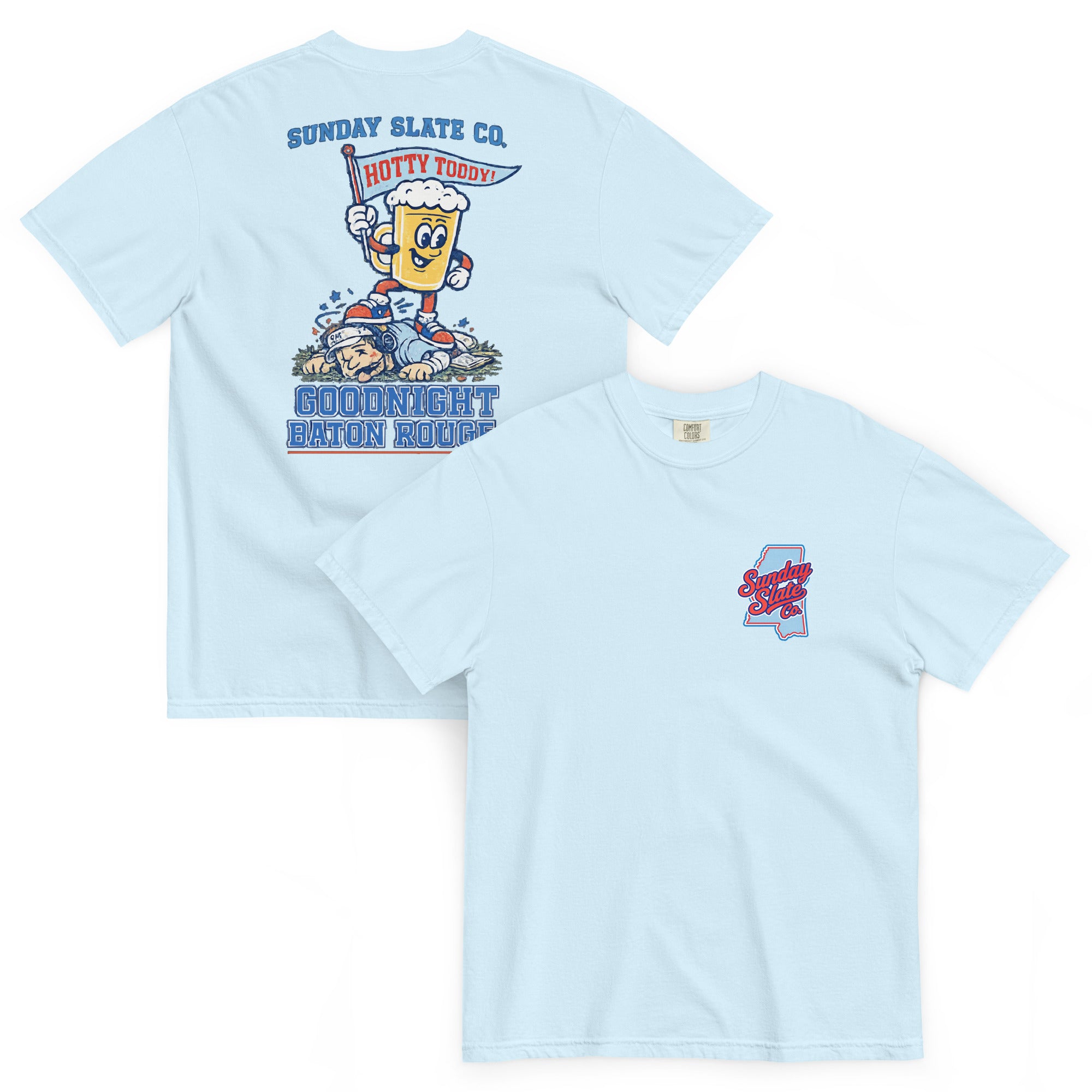 Goodnight Baton Rouge Ole Miss rivals t-shirt in Chambray, front and back