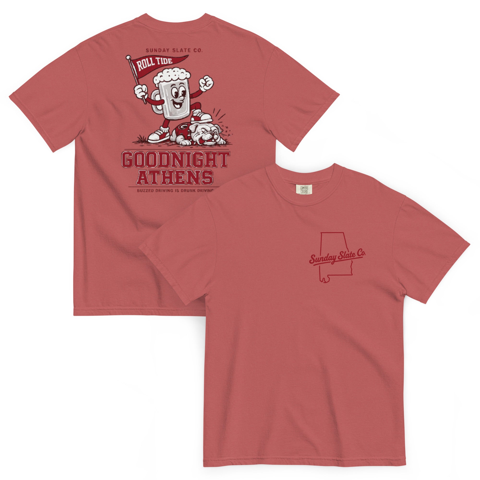 Goodnight Athens Alabama rivals t-shirt in Crimson, front and back