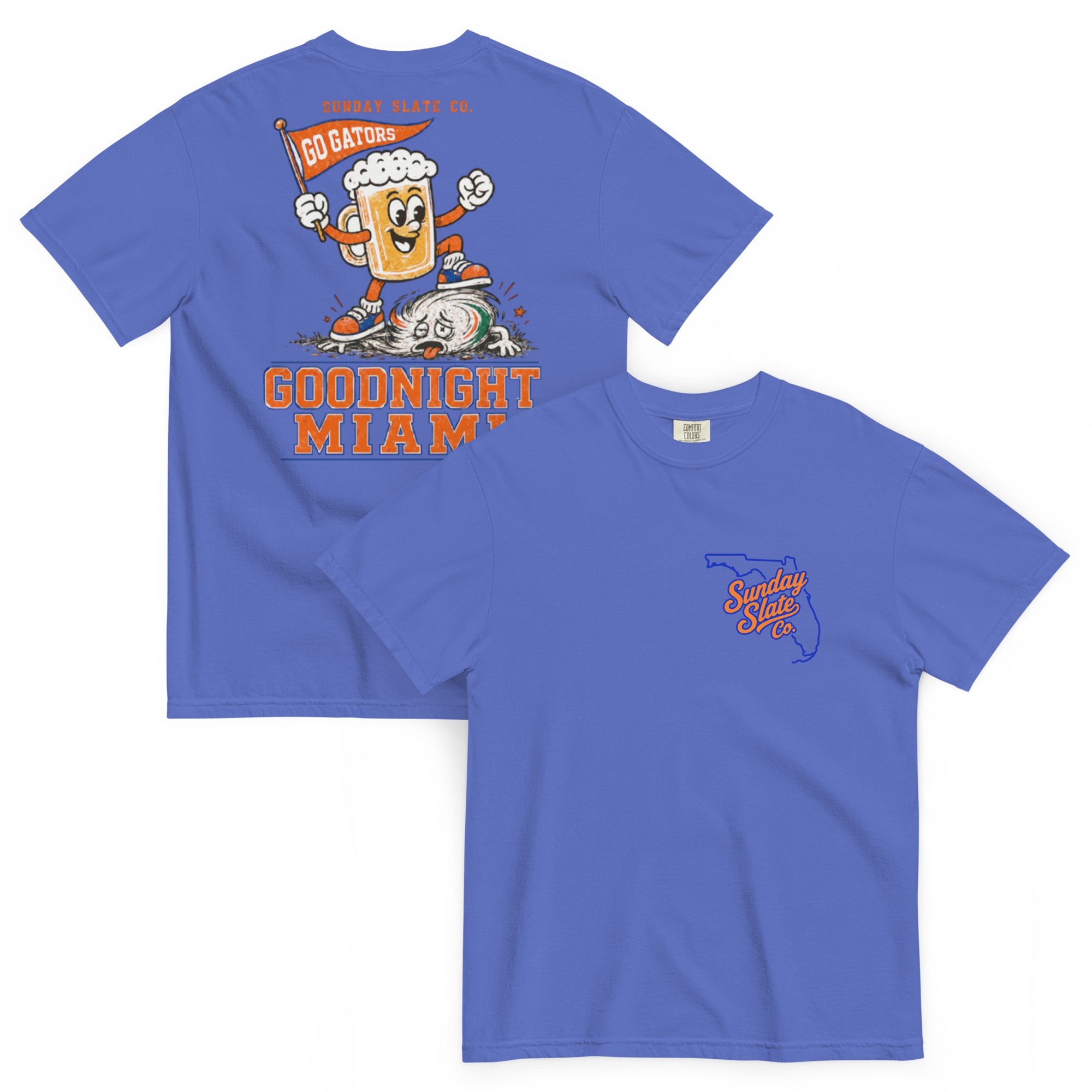 Goodnight Miami Florida rivals t-shirt in Flo Blue, front and back