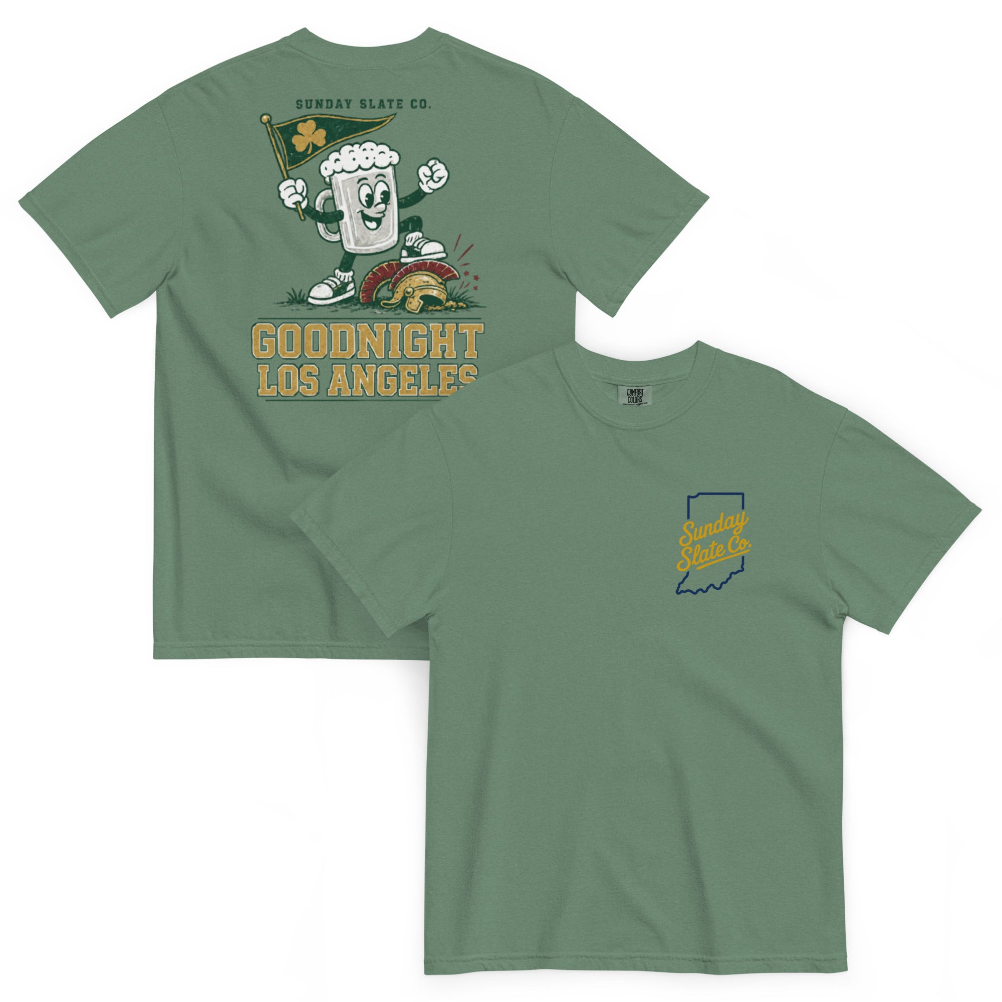 Goodnight Los Angeles Notre Dame rivals t-shirt in Light Green, front and back