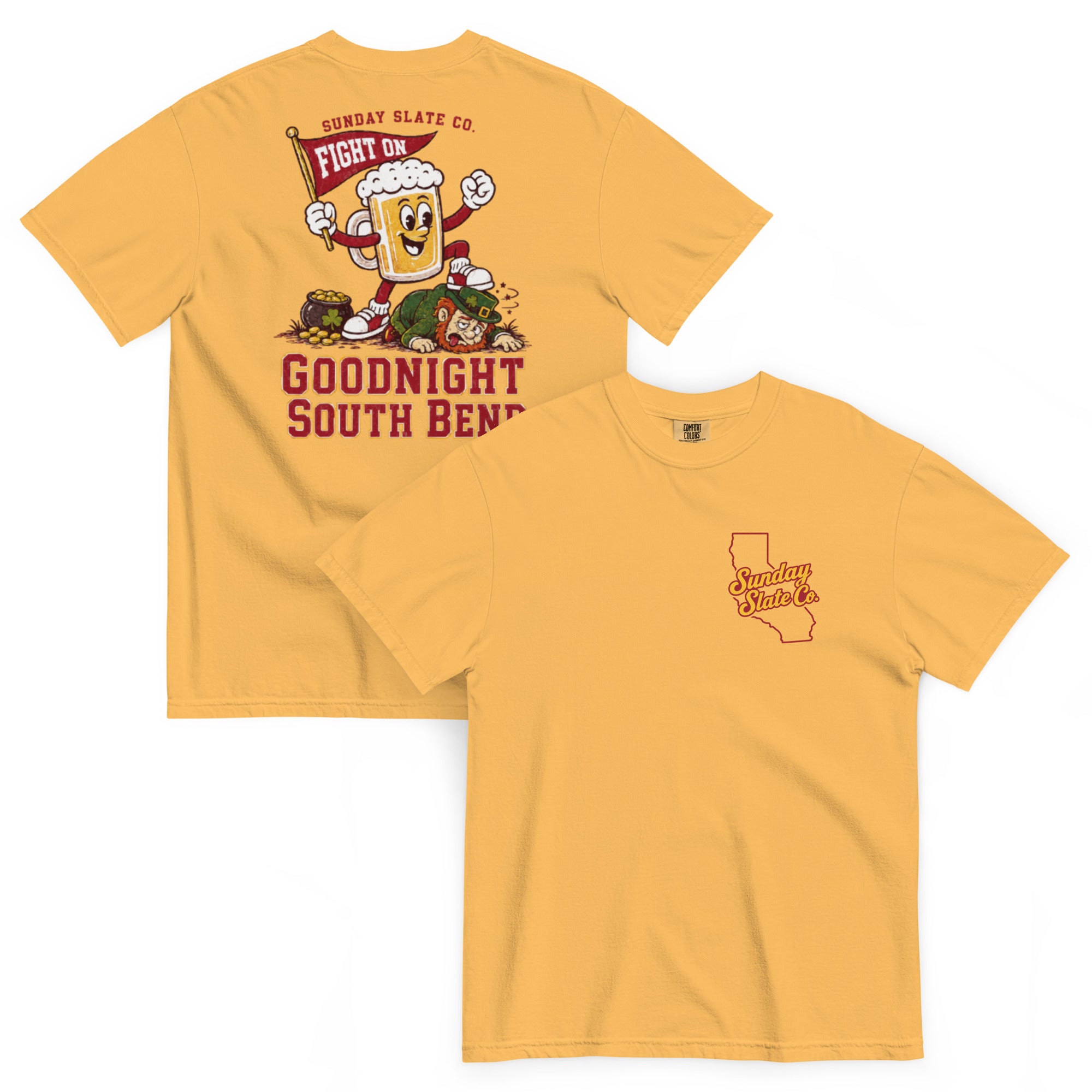 Goodnight South Bend USC rivals t-shirt in Mustard, front and back