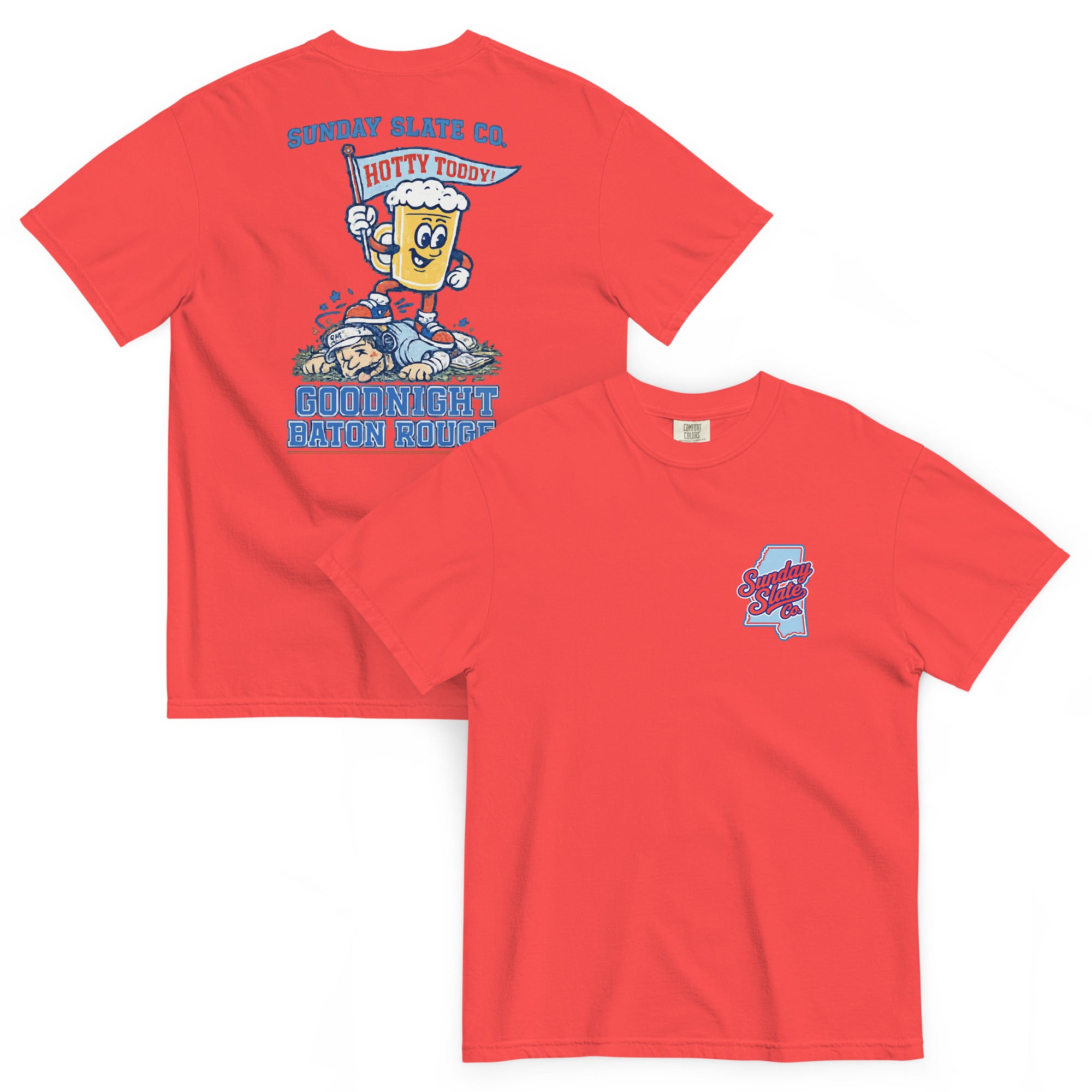 Goodnight Baton Rouge Ole Miss rivals t-shirt in Paprika, front and back