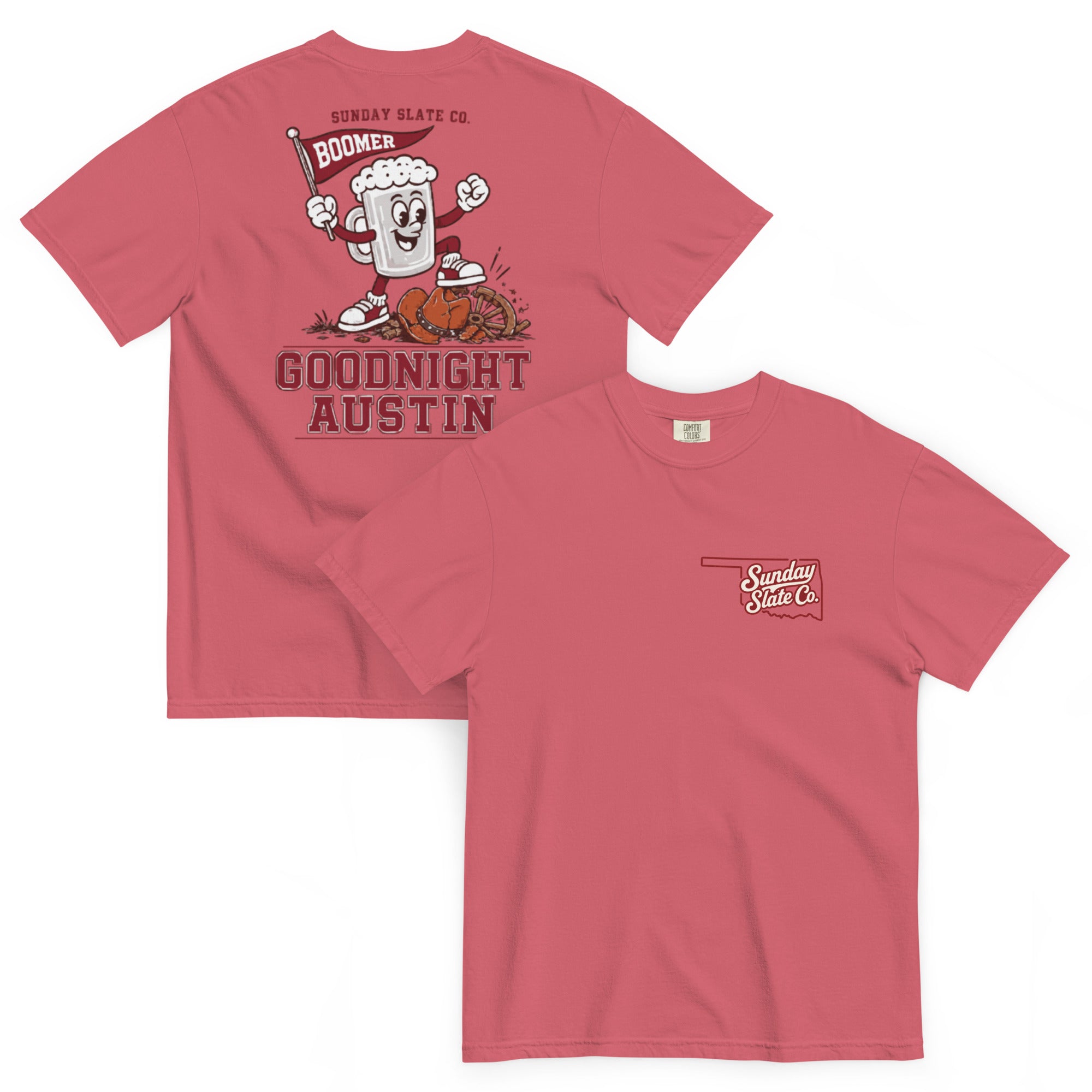 Goodnight Austin Oklahoma rivals t-shirt in Watermelon, front and back