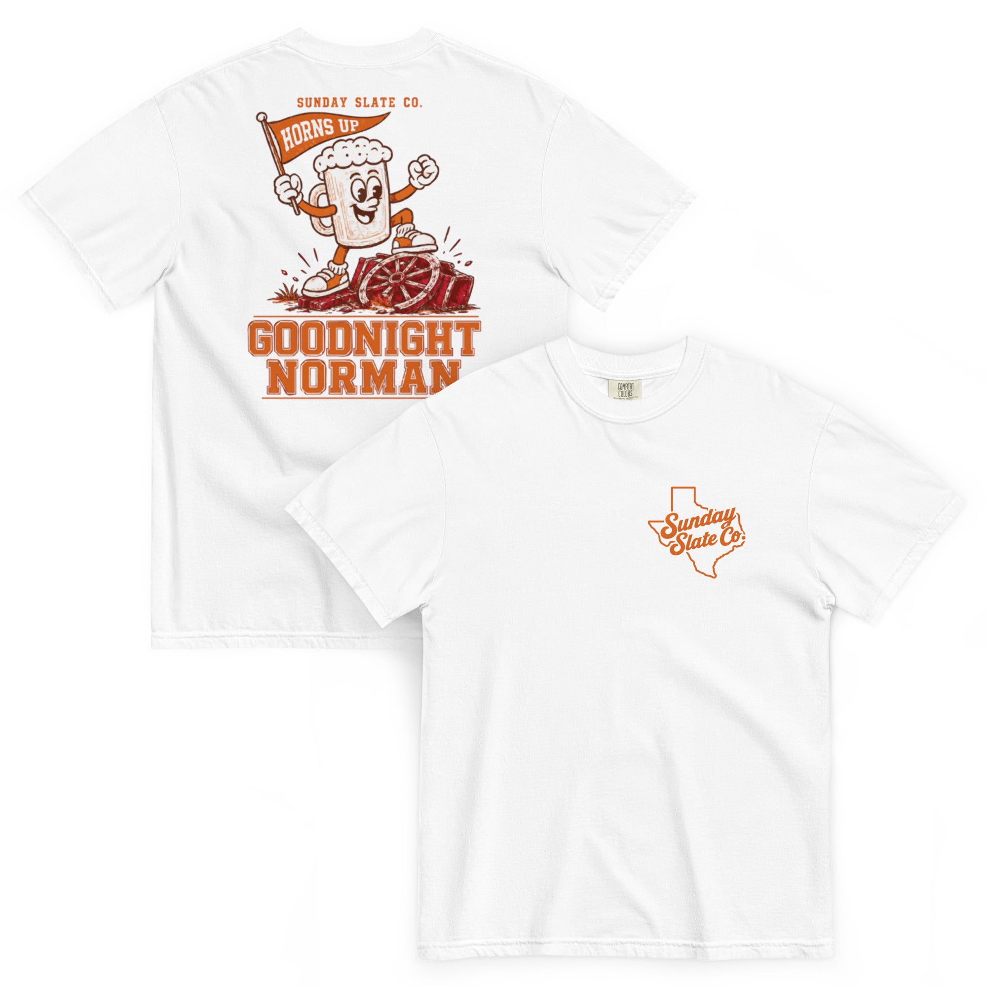 Goodnight Norman Texas rivals t-shirt in White, front and back