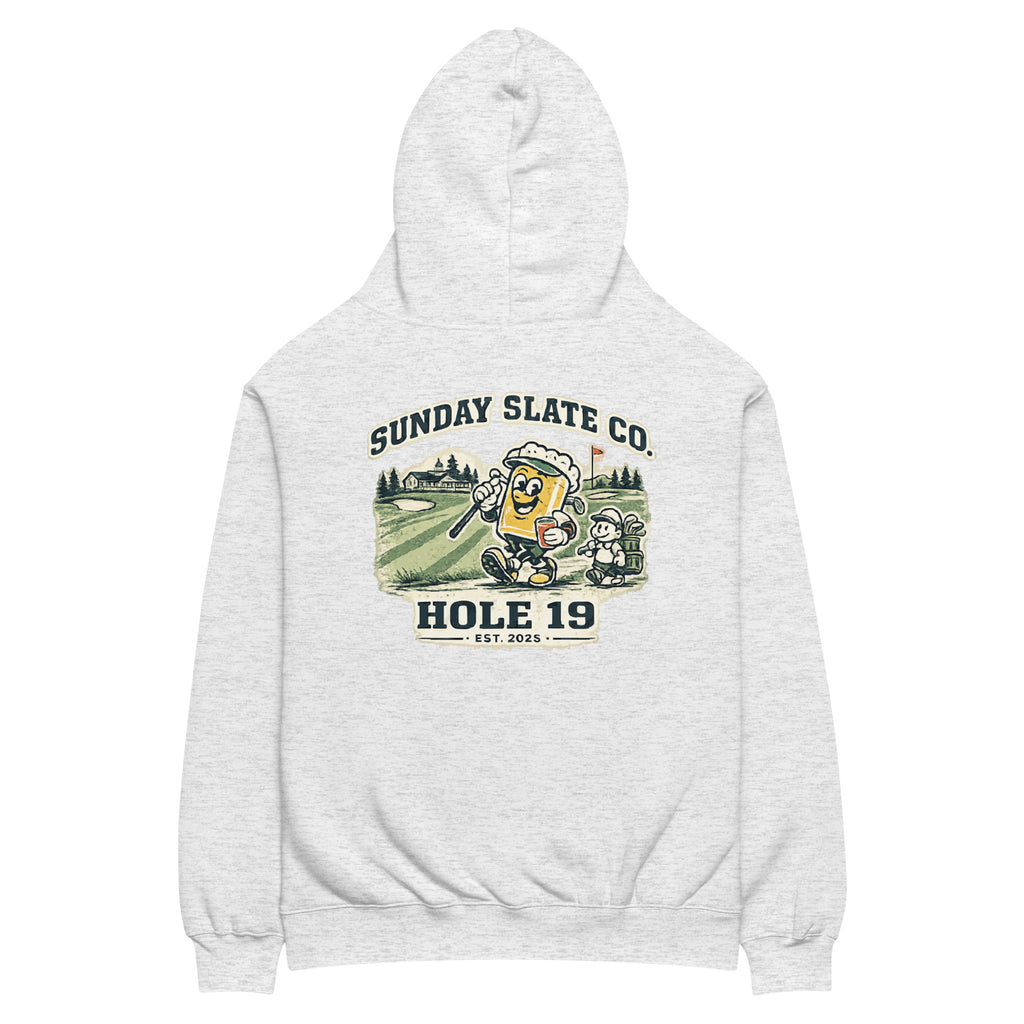 Hole 19 golf hoodie in White Heather, back